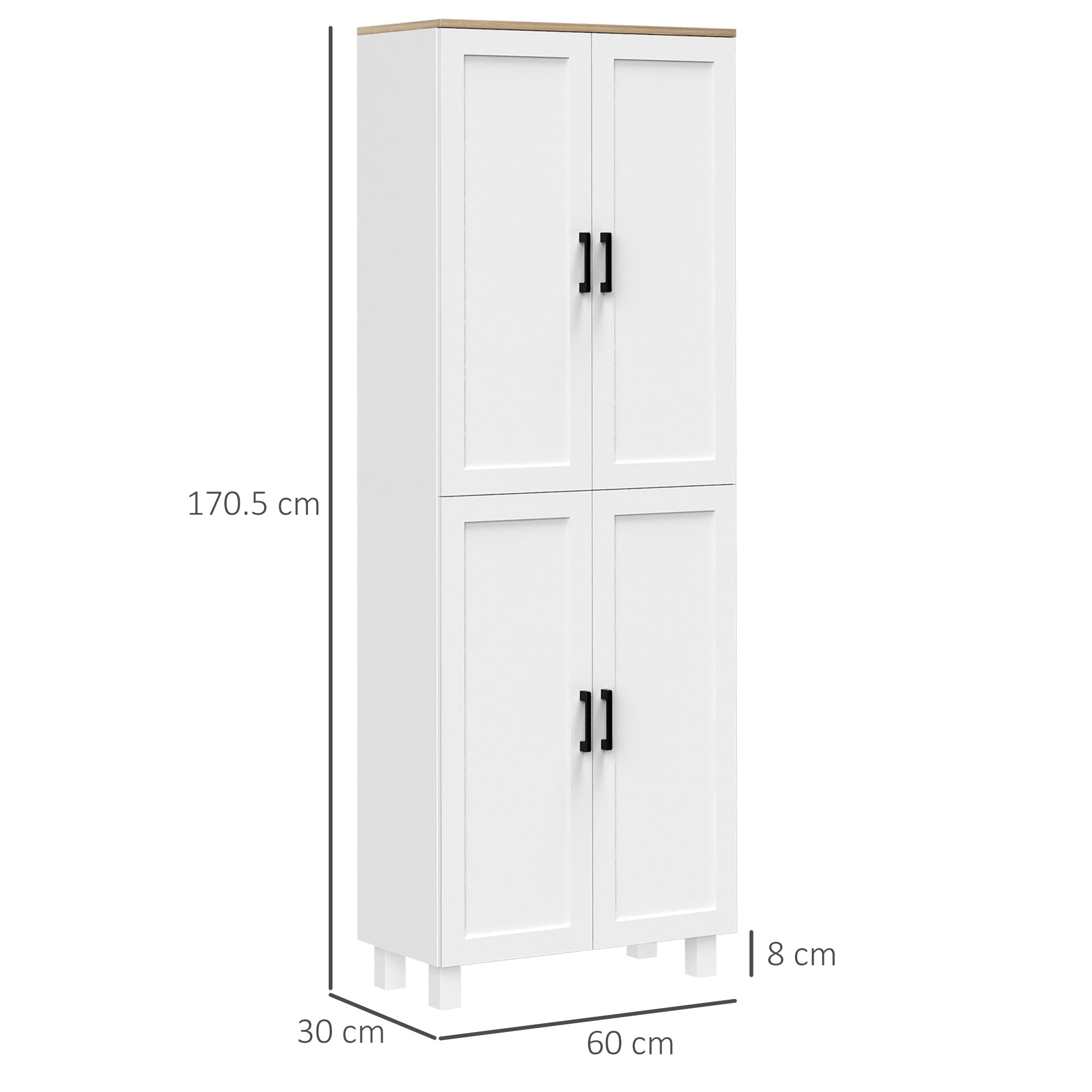 Wooden Kitchen Pantry Cabinet with 5 Adjustable Shelves and 4 Doors, 60x30x170.5 cm, White and Wood Color