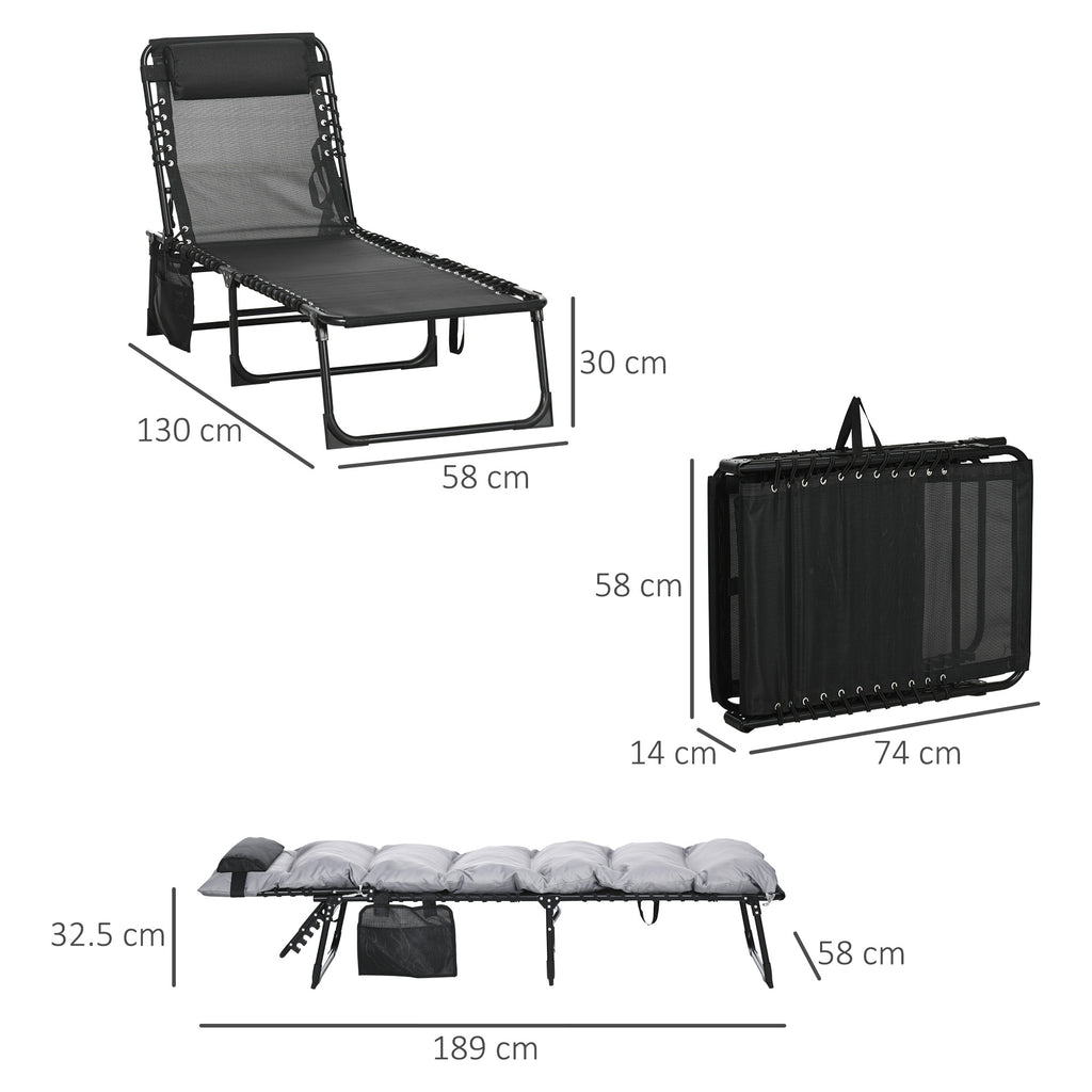 Folding Sun Lounger with Cushion, Headrest and Side Pocket, 58x189x32.5 cm, Light Gray