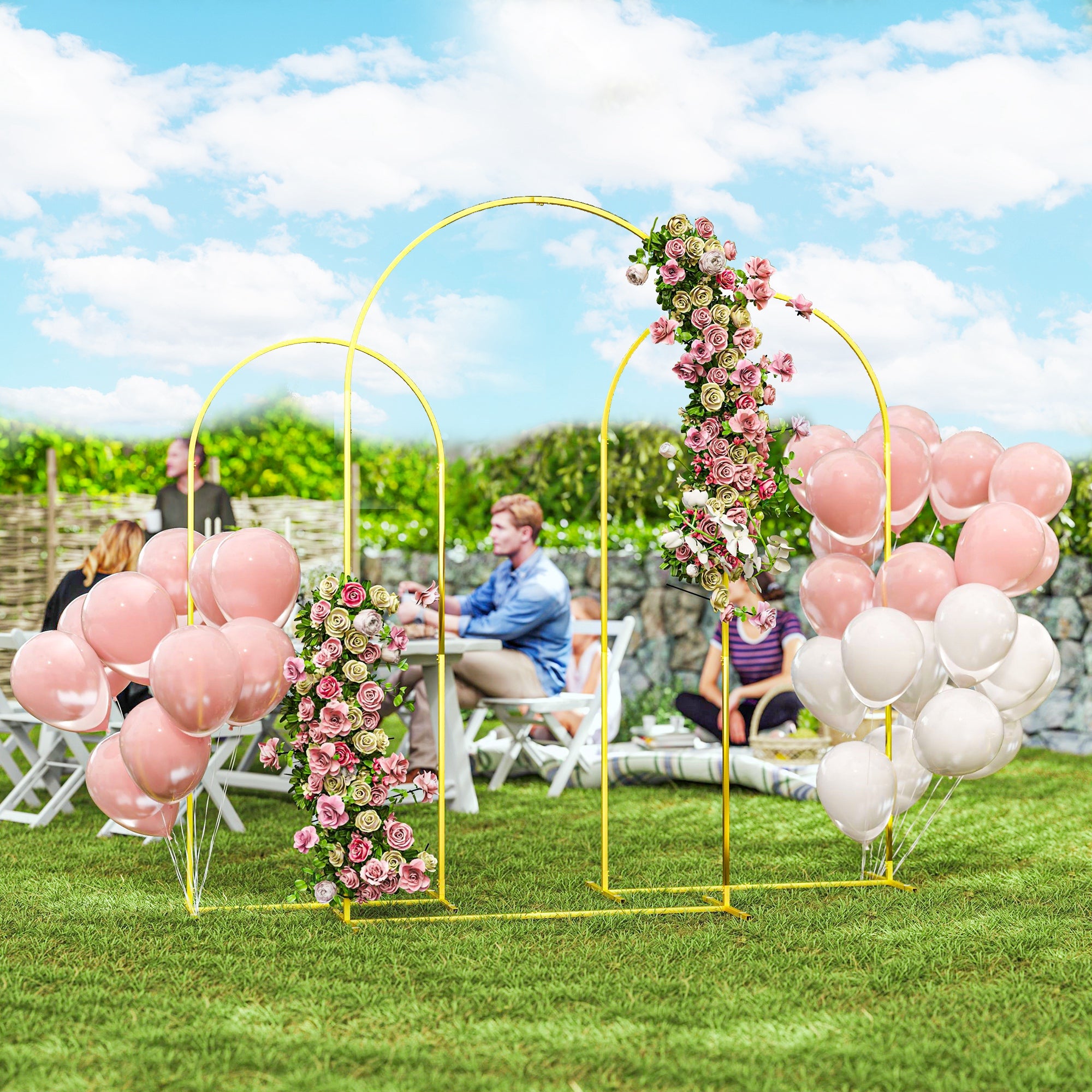 Set of 3 Garden Arches 1.8m, 2m, and 2.2m, Decorative Metal Arches, Gold Color