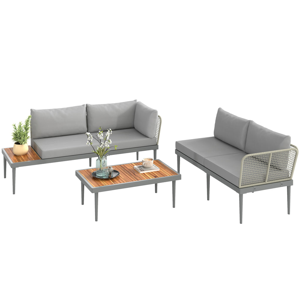 3 Piece Outdoor Set with 2 2-Seater Sofas and Coffee Table, in Rattan and Steel Grey and Wood Color
