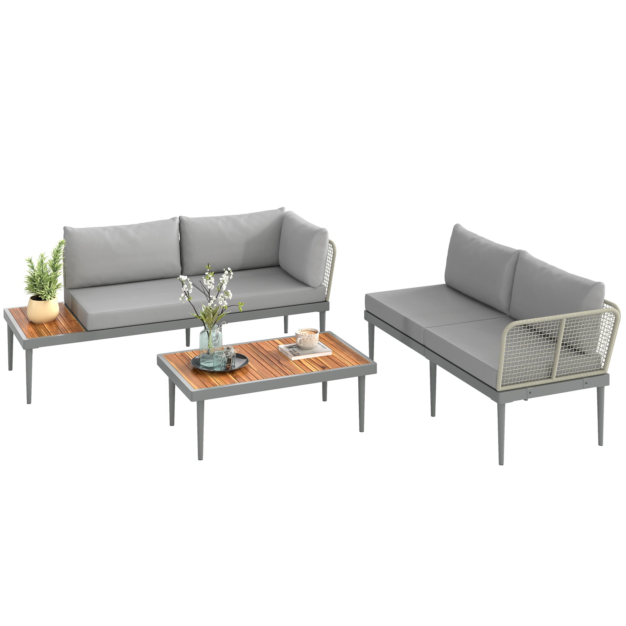 3 Piece Outdoor Set with 2 2-Seater Sofas and Coffee Table, in Rattan and Steel Grey and Wood Color