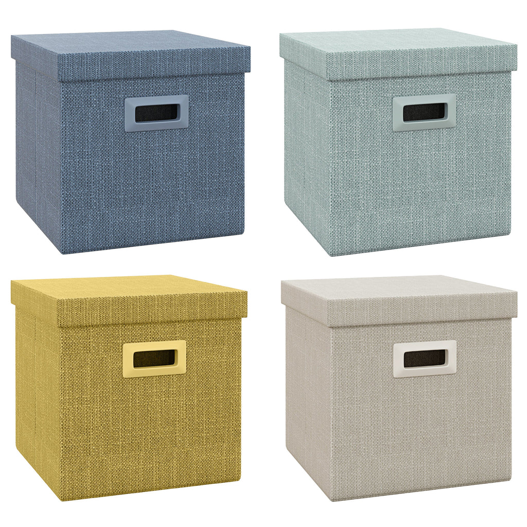 Set of 4 Fabric Closet Storage Boxes with Lids and Foldable 30x30x29cm, Blue, Cream, Green and Light Grey