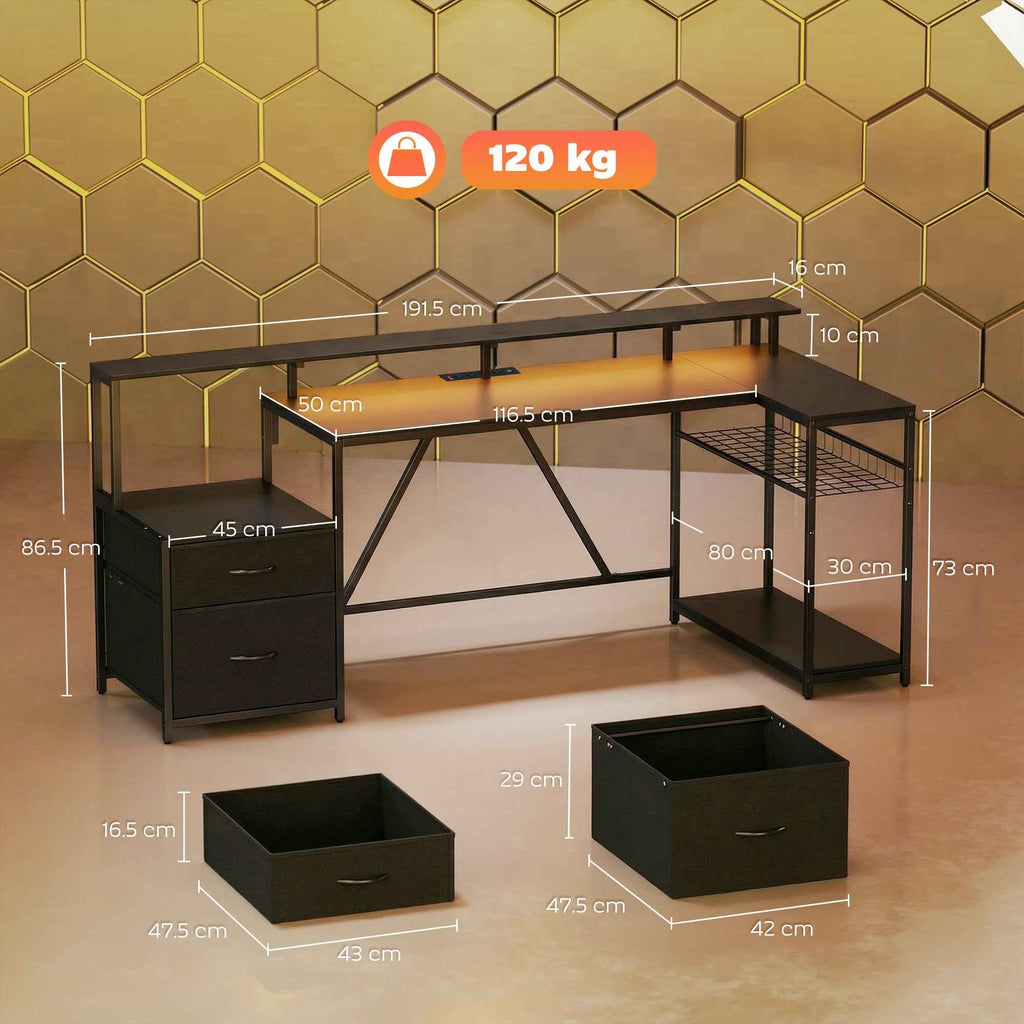 Corner Gaming Desk with Charging Hub, LED Lights and Monitor Stand, Wood and Steel, 192.5x80x86.5 cm, Black