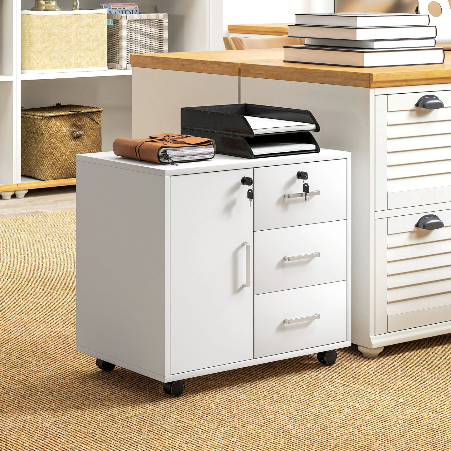 Office File Cabinet with 3 Drawers and Cabinet with 3 Adjustable Shelves, Wooden, 60x40x56 cm, White