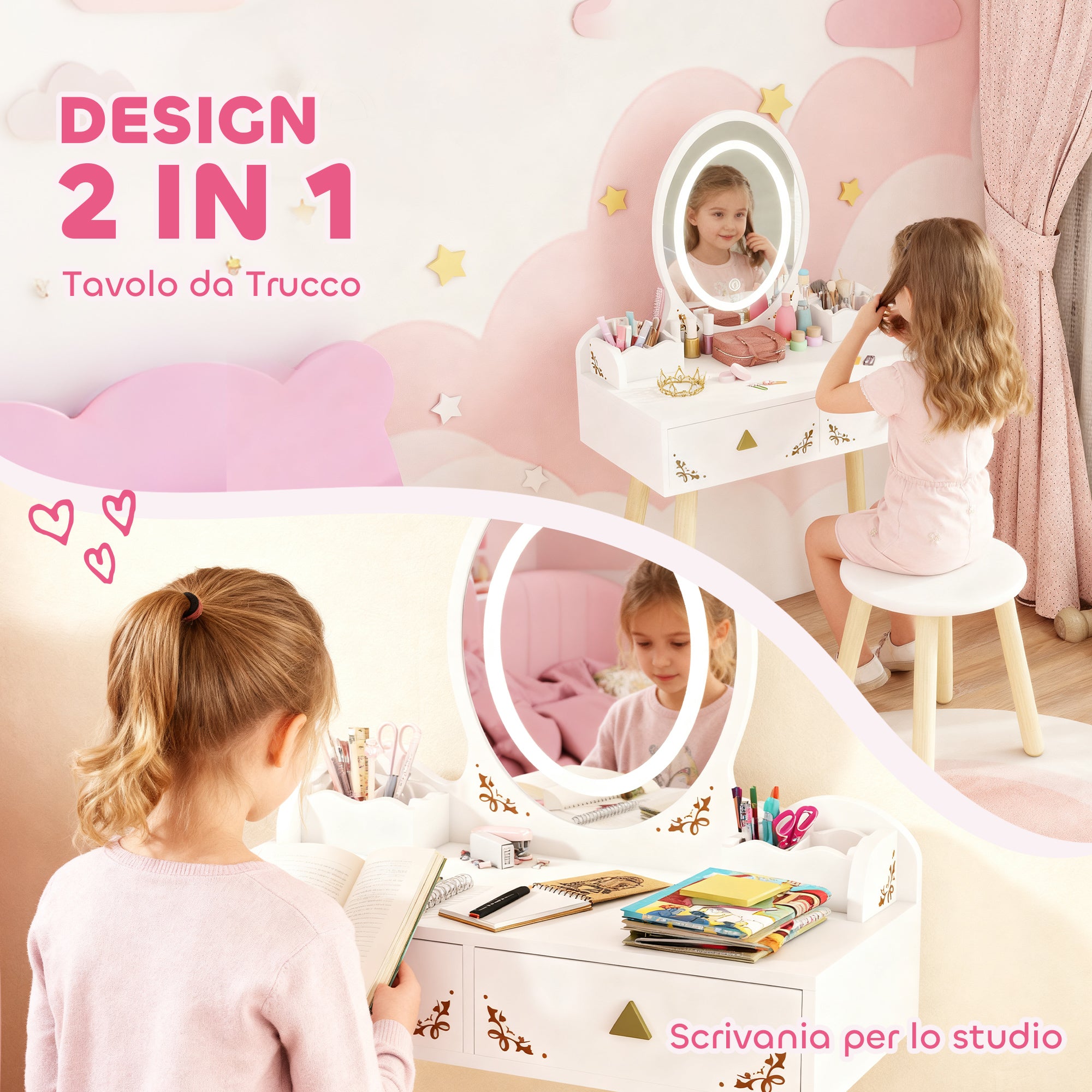 Children's Dressing Table Set with Illuminated Mirror and Stool, 2 Drawers and 2 Boxes, White