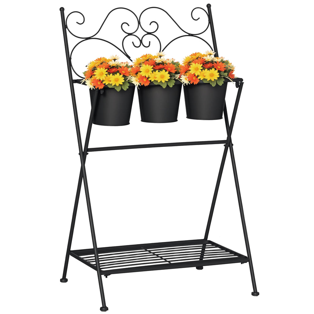 Folding Metal Plant Stand with 3 Pots and Bottom Shelf for Home and Garden, 47x37x78.5cm, Black