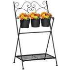 Folding Metal Plant Stand with 3 Pots and Bottom Shelf for Home and Garden, 47x37x78.5cm, Black