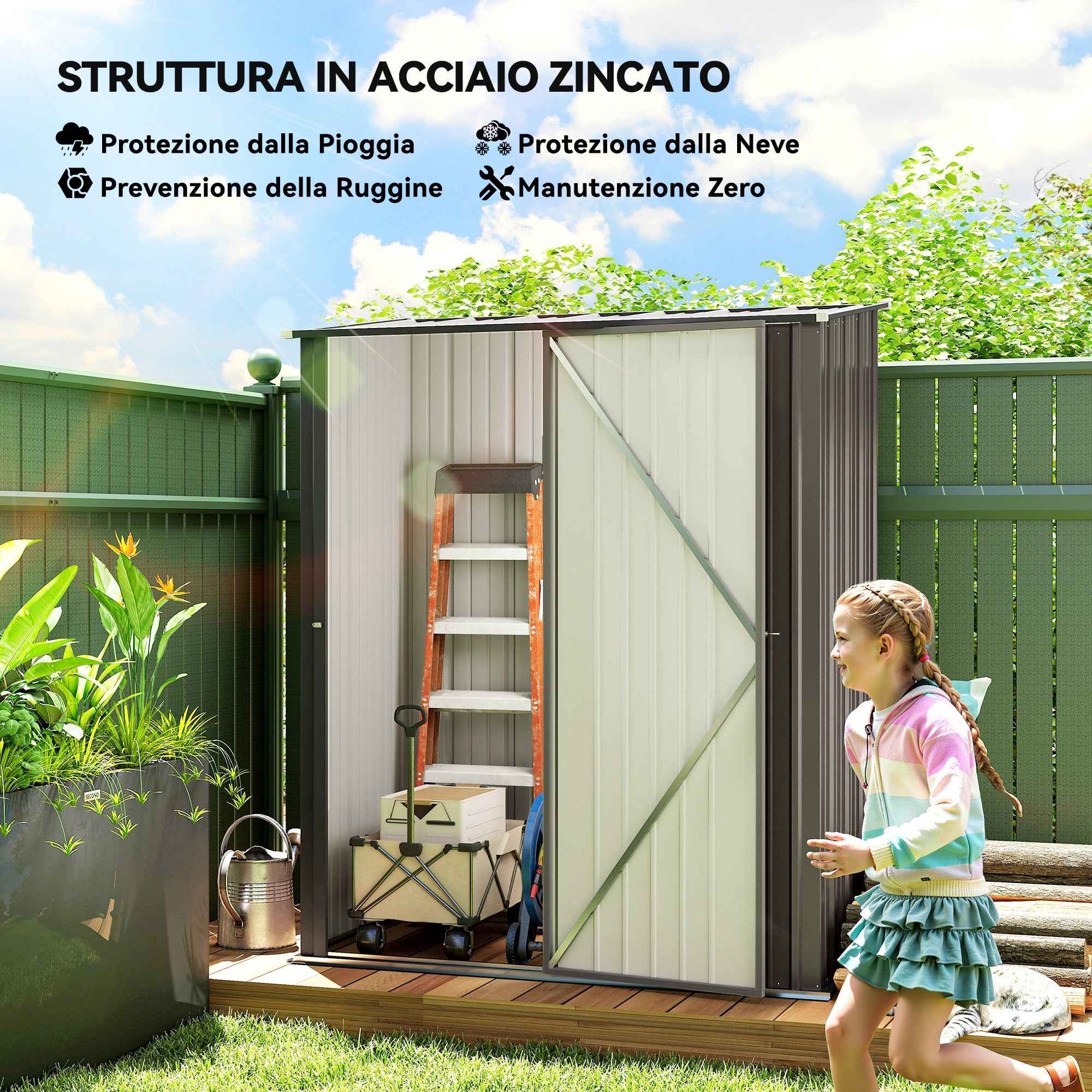 Outsunny Steel Garden Shed with Latch, 161.5 x 94.5 x 196 cm, Light Grey