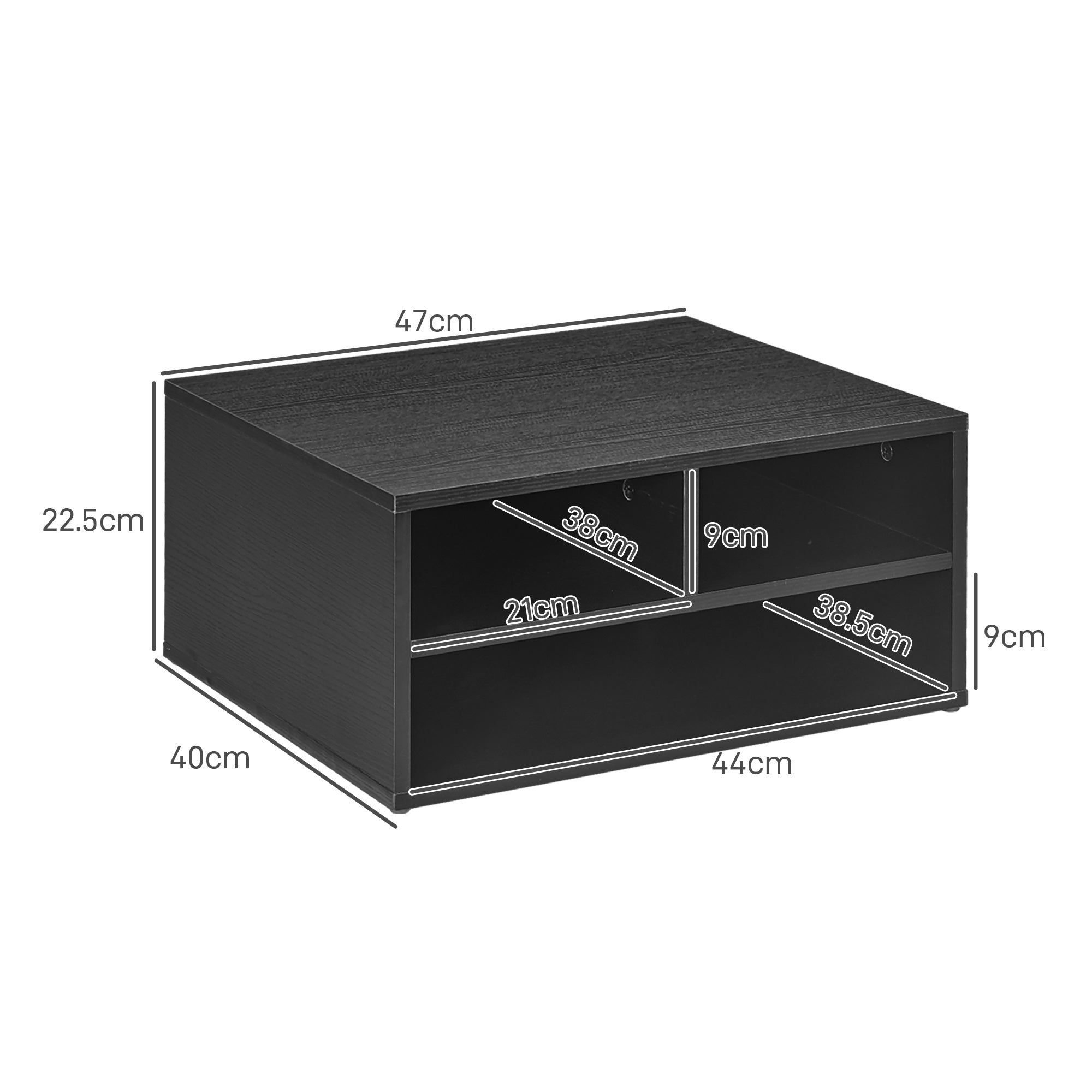 Office Printer Stand with 3 Open Shelves, 2 Levels, 47 x 40 x 22.5 cm, Black