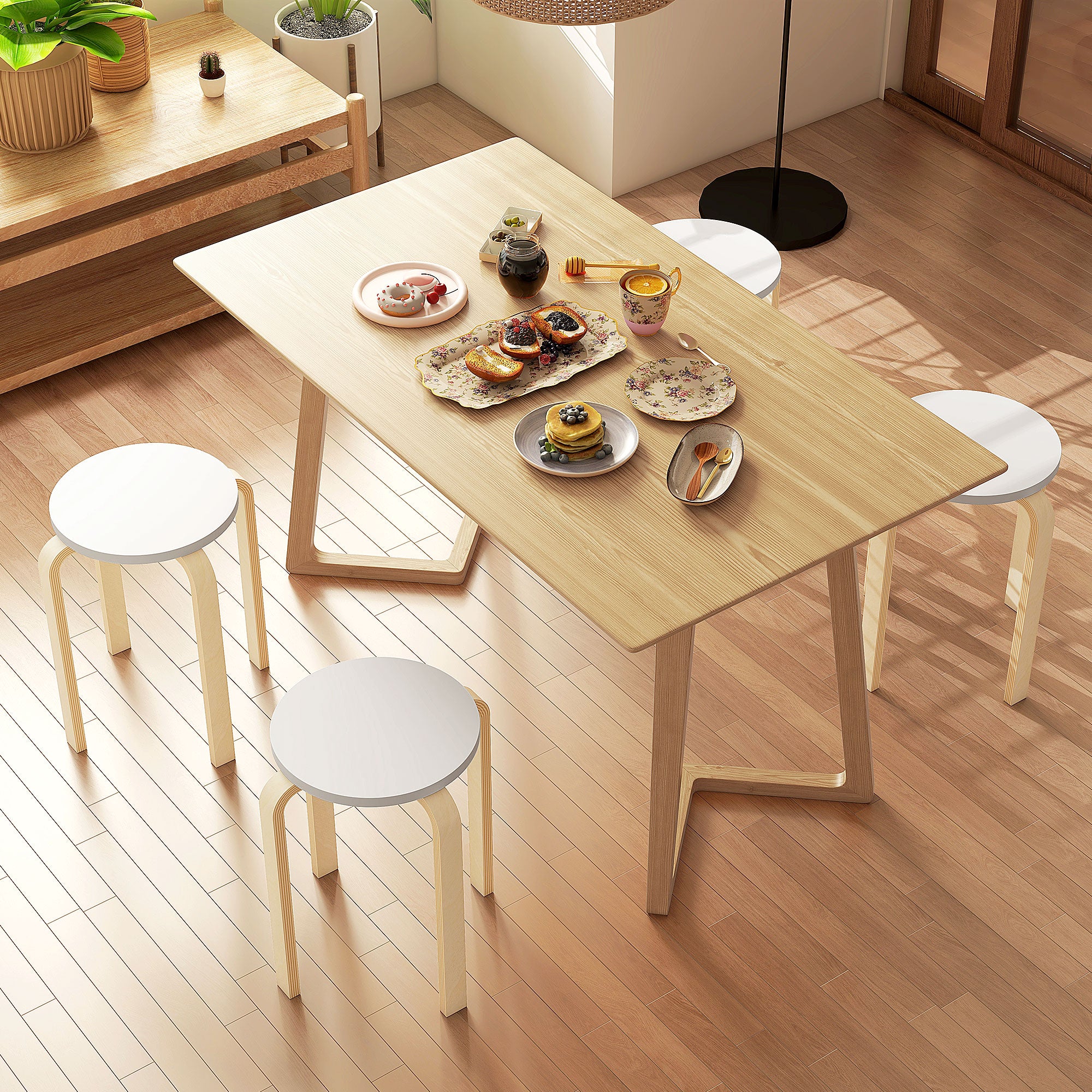 Set of 4 Stackable Round Wooden Stools, White, Ø40x45 cm