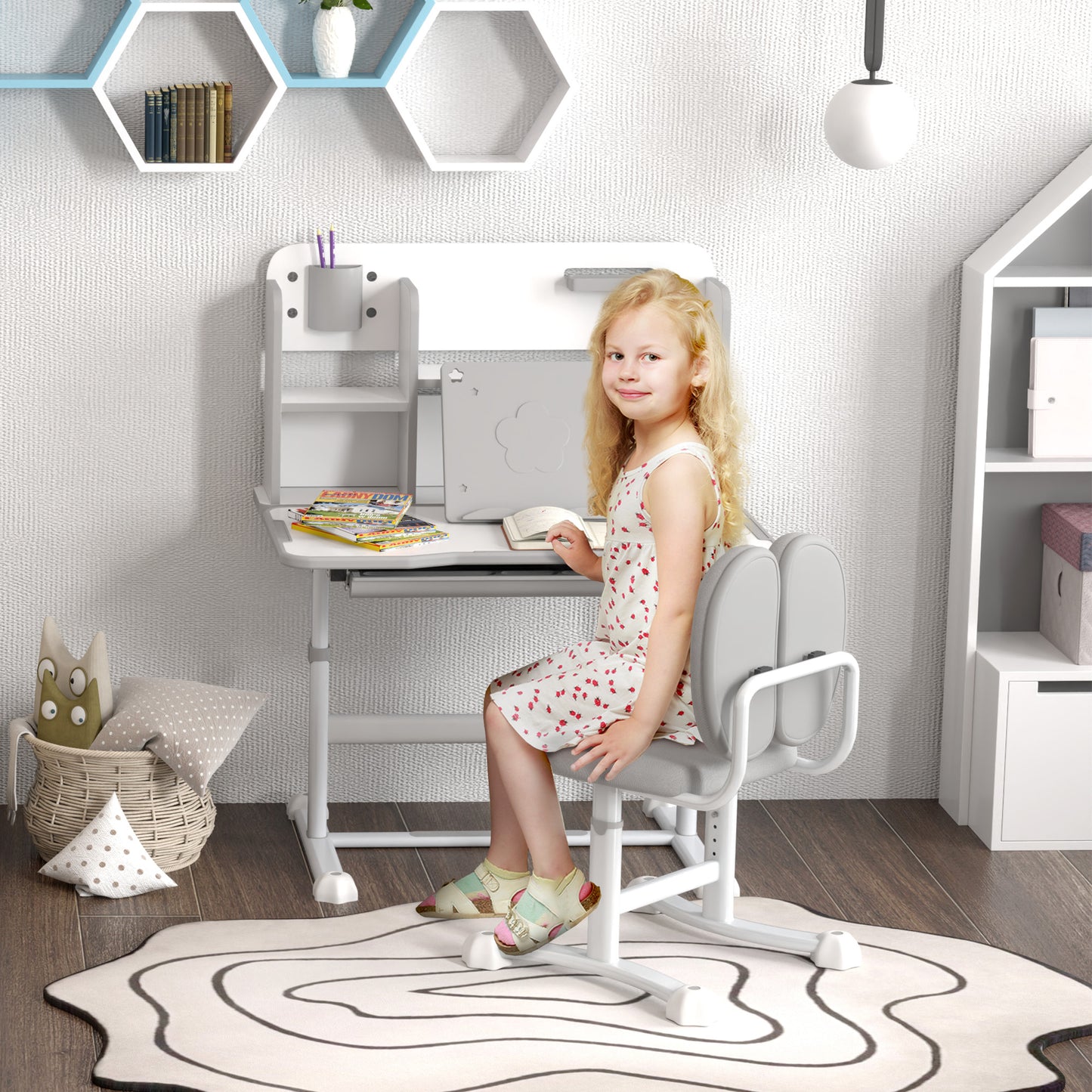 AIYAPLAY Adjustable Children's Desk and Chair Set, School Desk with Tilting Top, Drawer, Shelf, Gray