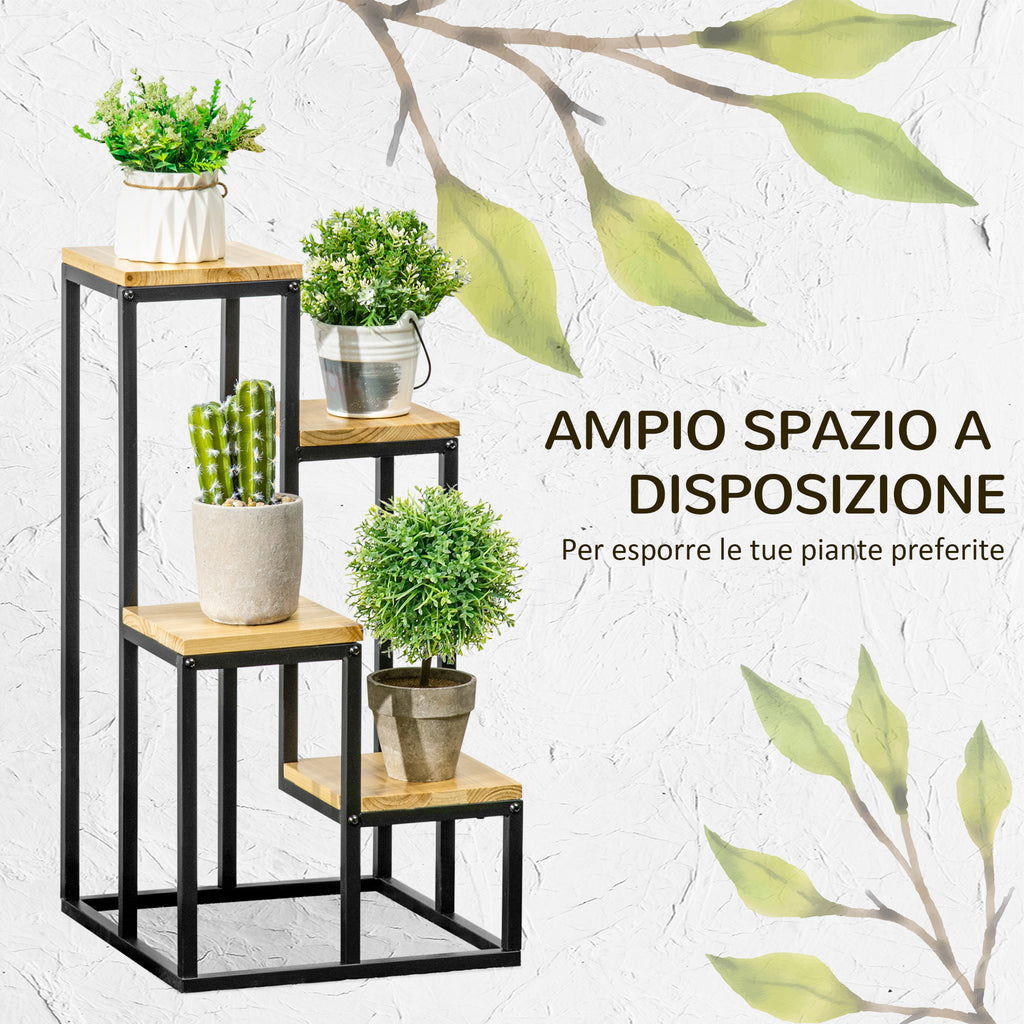 4-Tier Metal and Wood Plant Shelf for Indoor and Outdoor, 34x34x66cm