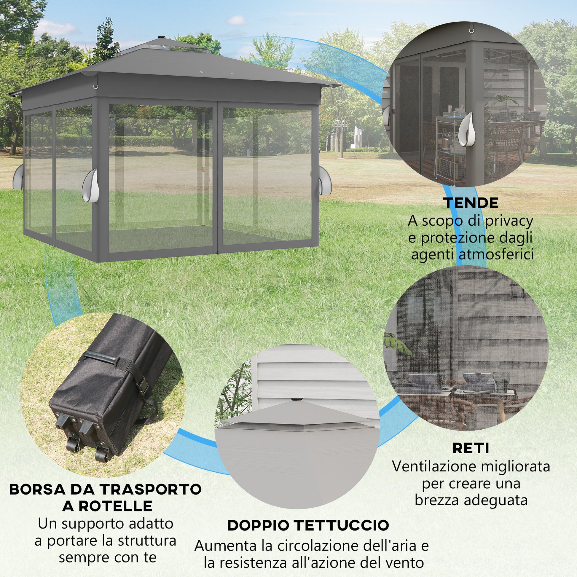 Adjustable Height Garden Gazebo with LED Lights, in Steel and Oxford Fabric, 336x336x250-270 cm, Grey - Borgè