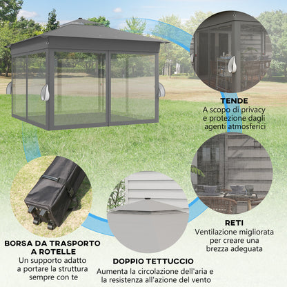 Adjustable Height Garden Gazebo with LED Lights, in Steel and Oxford Fabric, 336x336x250-270 cm, Grey - Borgè