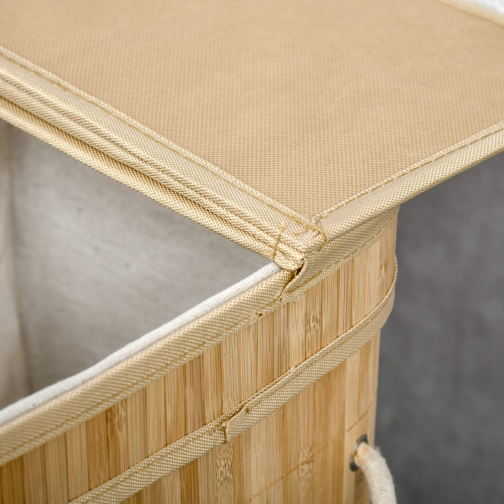90L Foldable Laundry Basket with 2 Compartments, Bamboo Lid and Handles
