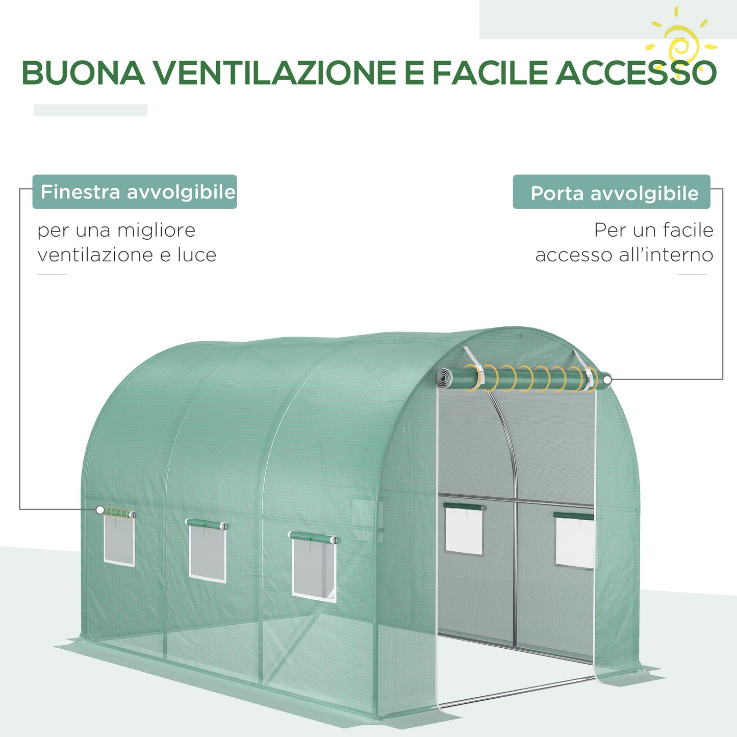 Outsunny PE Greenhouse Cover with 6 Windows, Roll-Up Door and Buried Edges, 3x2x2 m, Green - Borgè