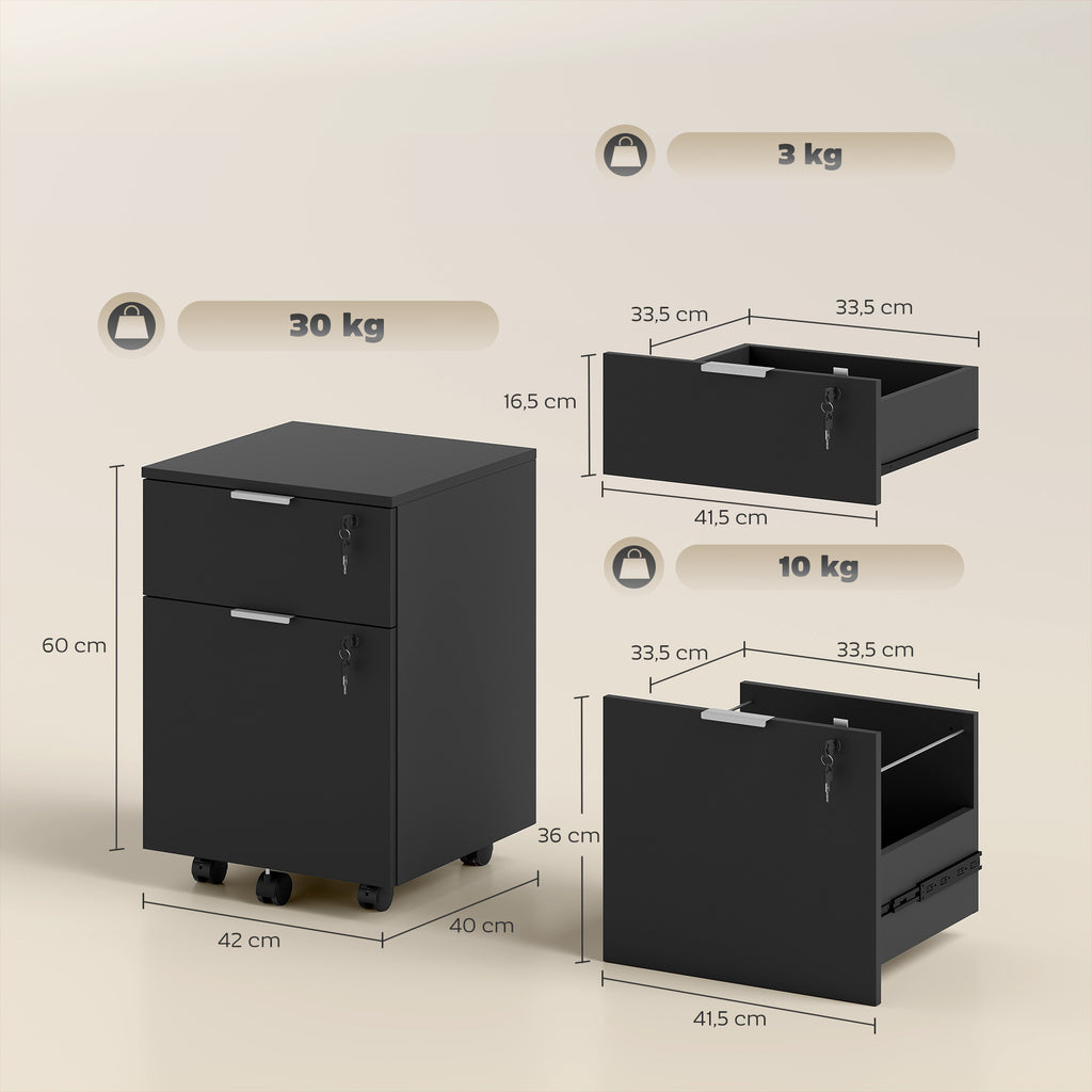 HOMCOM Office Filing Cabinet with 2 Drawers, Lockable, Braked Wheels, for A4/Legal Size, 42x40x60 cm, Black
