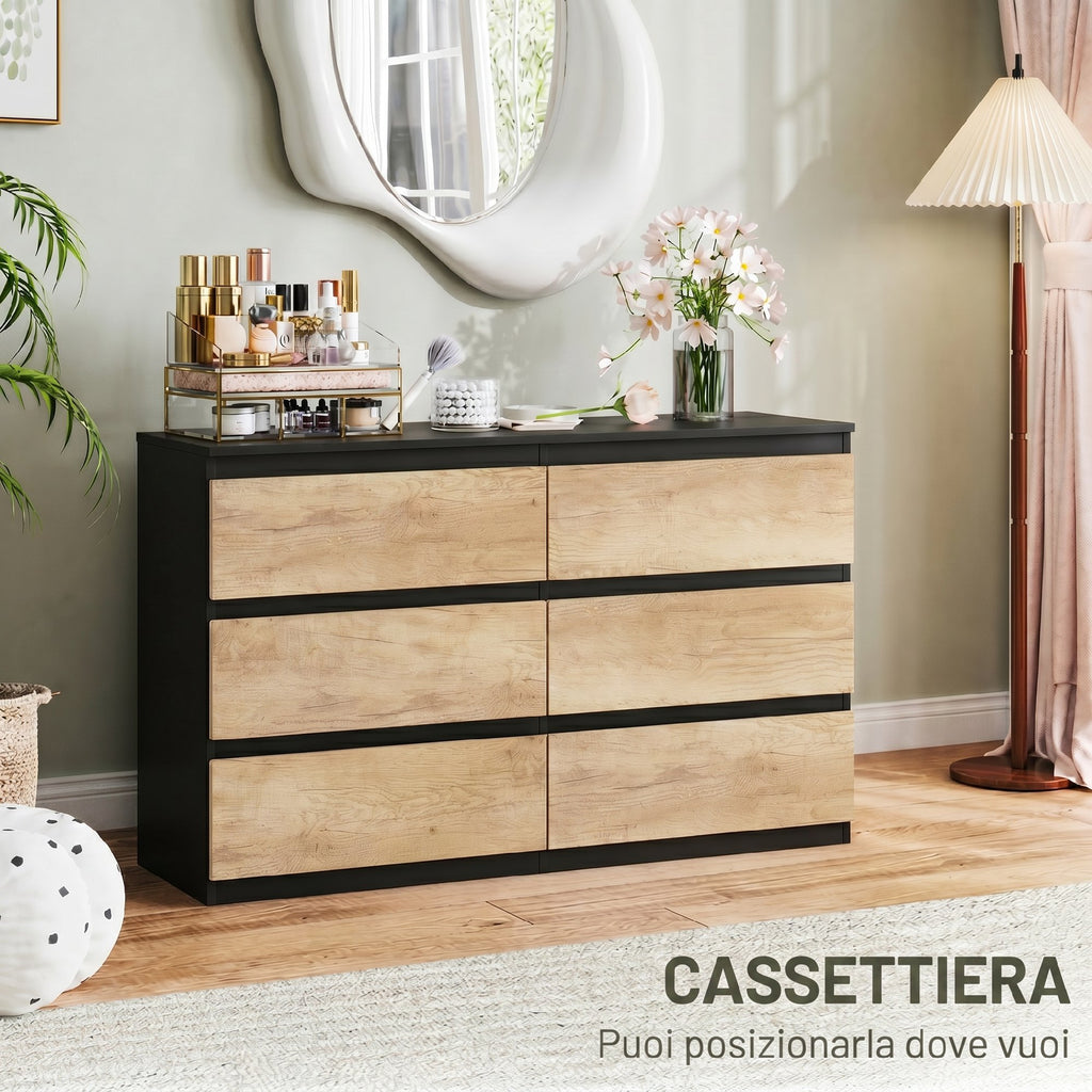 HOMCOM 6-Drawer Wooden Bedroom Chest, 120x39x75 cm, Black and Oak
