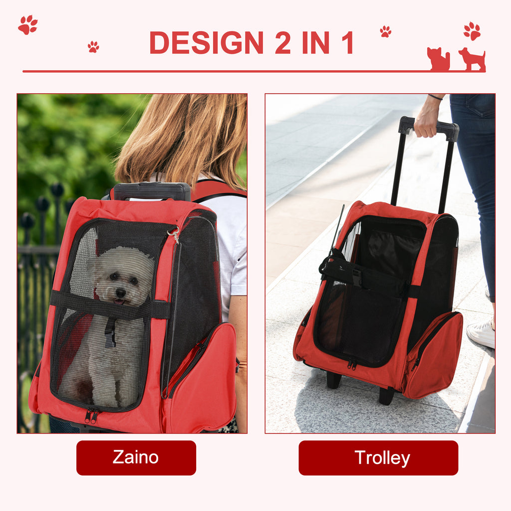 2-in-1 Pet Carrier Backpack for Dogs and Cats with Side Pockets, Telescopic Handle and Wheels, 42x25x55cm, Red