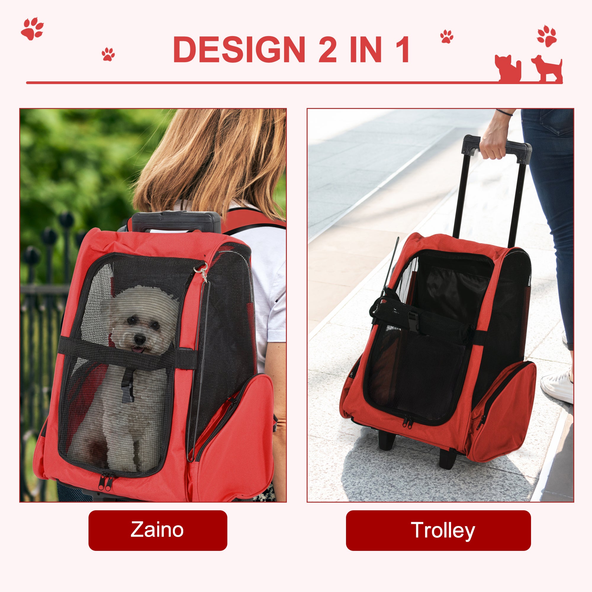 2-in-1 Pet Carrier Backpack for Dogs and Cats with Side Pockets, Telescopic Handle and Wheels, 42x25x55cm, Red