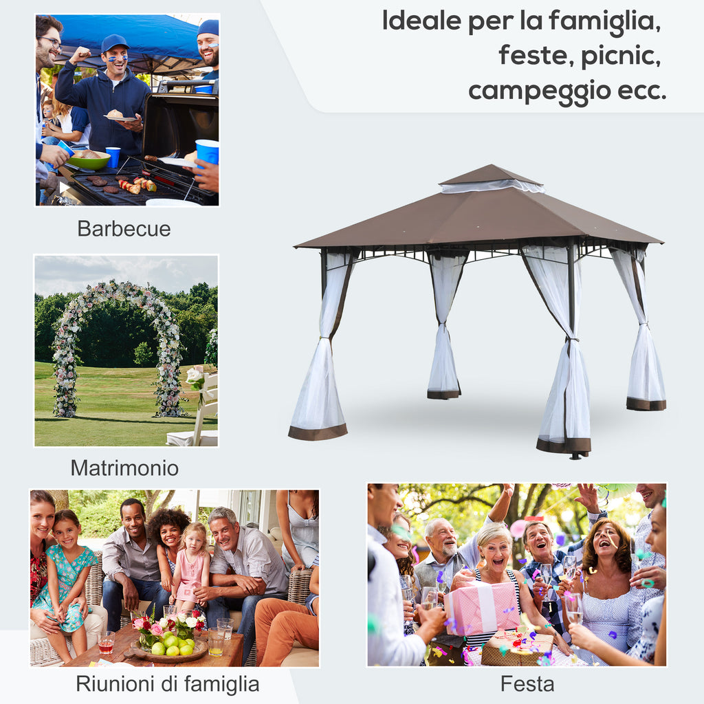 3x3m Garden Gazebo with Mosquito Net, Two-Tier Roof and Brown Metal Frame