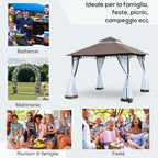 3x3m Garden Gazebo with Mosquito Net, Two-Tier Roof and Brown Metal Frame