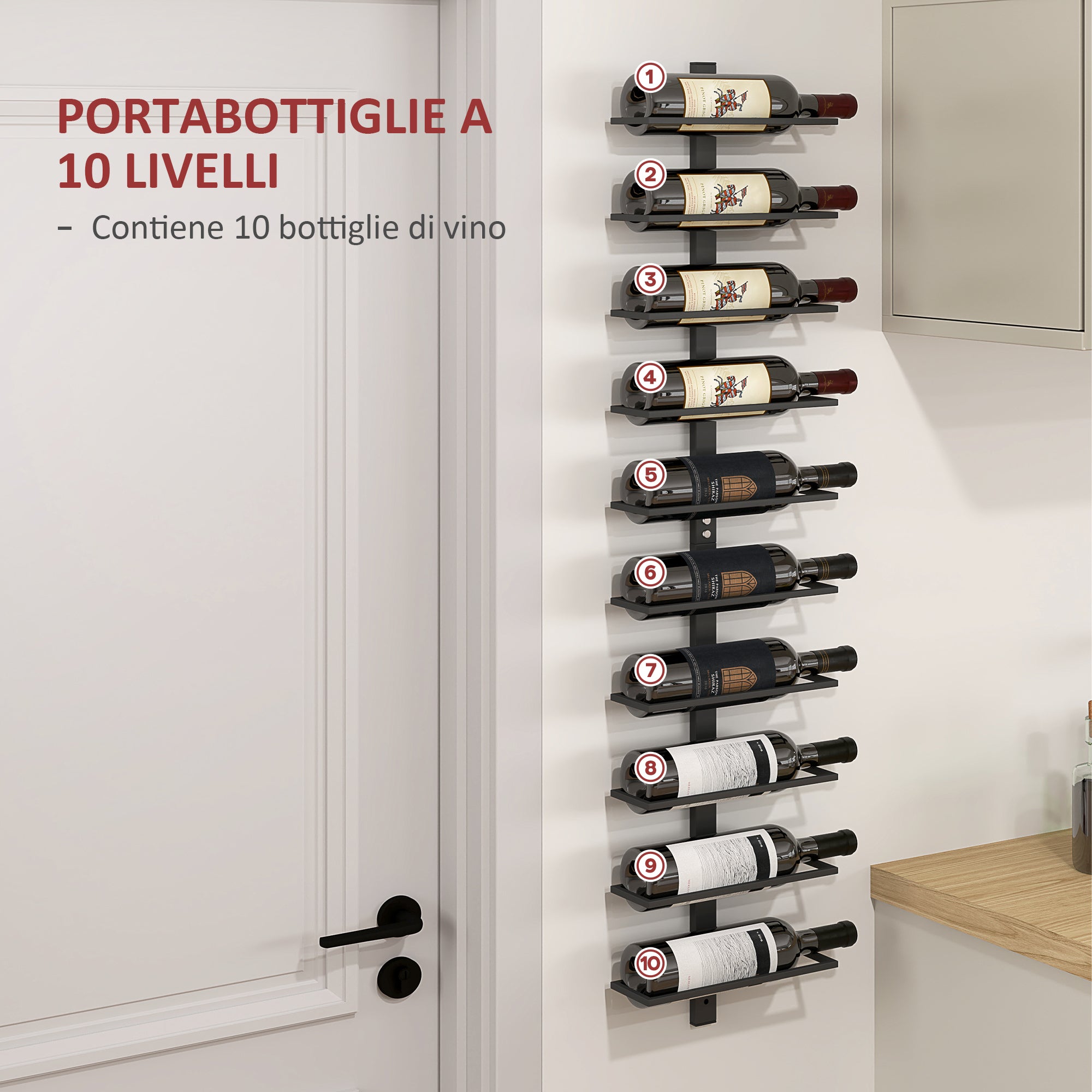 Wall Bottle Rack with 10 Shelves in Black Steel for 10 Bottles, 27x10x116 cm