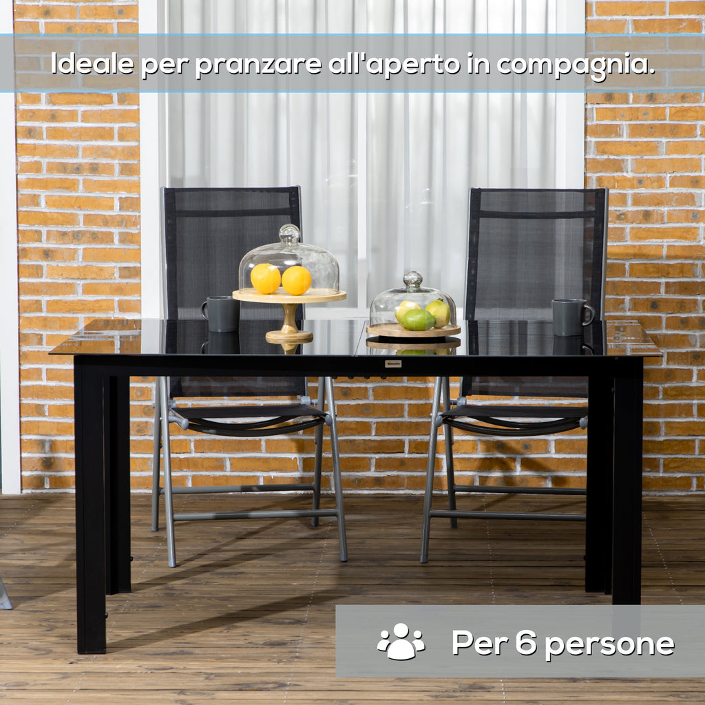 Outsunny Rectangular Garden Table for 6 People with Glass and Aluminum Top, 150x90 cm, Black