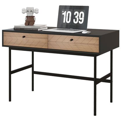 Modern Office Desk with 2 Drawers, Steel and MDF, 106x50x77 cm, Black and Oak - Borgè