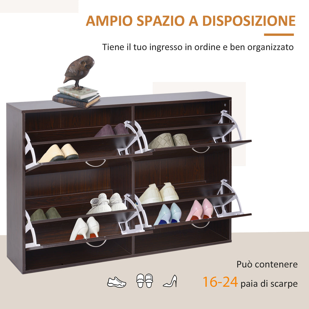 Space-Saving 24 Pair Shoe Rack with Adjustable Shelves and 4 Drawers, Wooden, 120x24x81cm, Brown