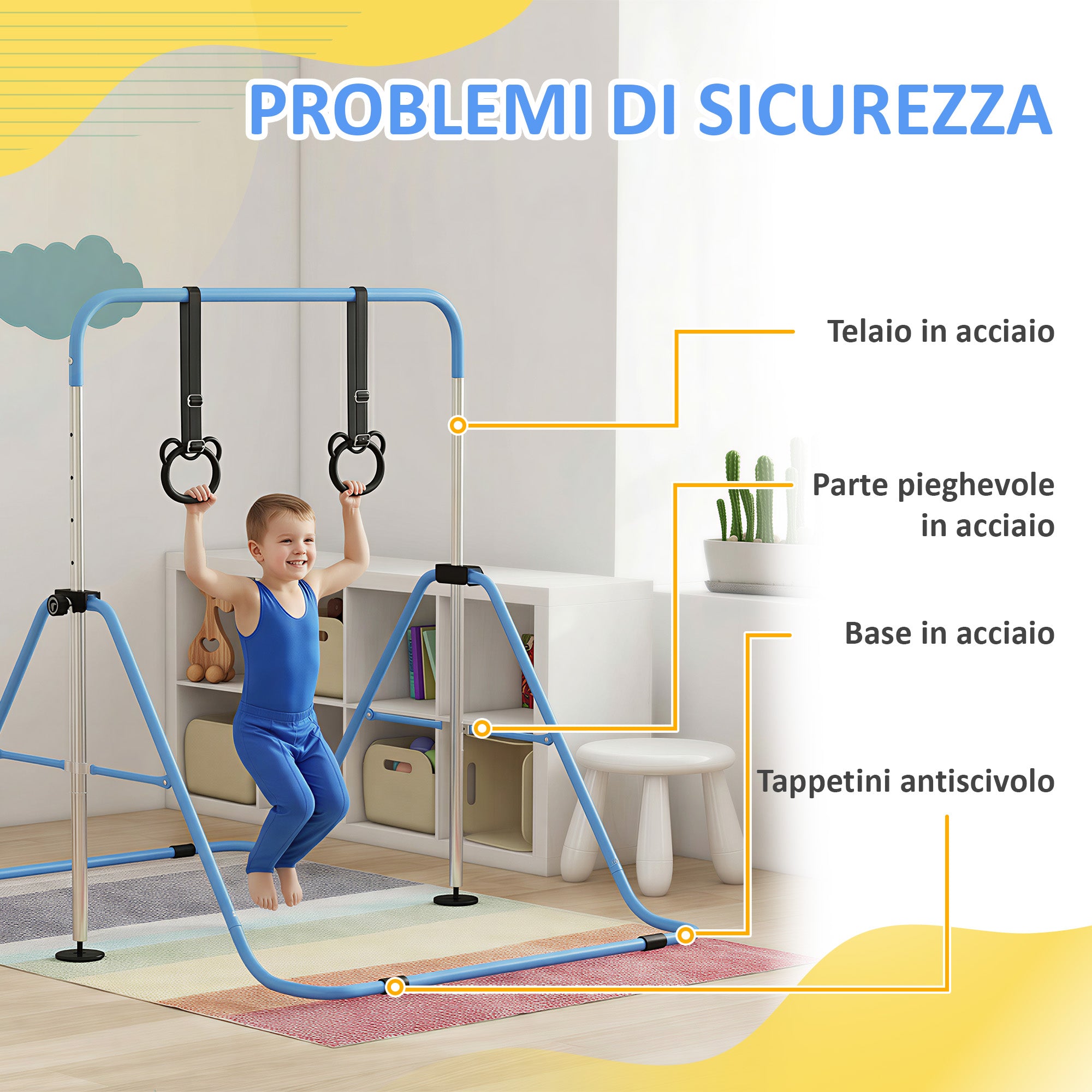 HOMCOM Height-Adjustable Gymnastics Bar for Children with 2 Rings, Steel, 148x105x88-128 cm, Blue