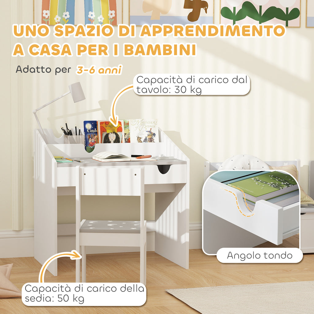 Children's Chair and Table Set for 3-6 Years Old with Organizer and Pull-Out Drawer, Grey Wood