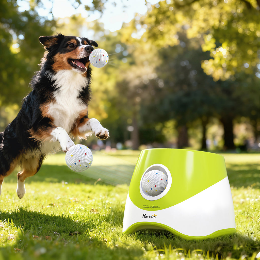 PawHut Automatic Ball Launcher for Small and Medium Dogs with 3 Balls, 3 Adjustable Distances, Green