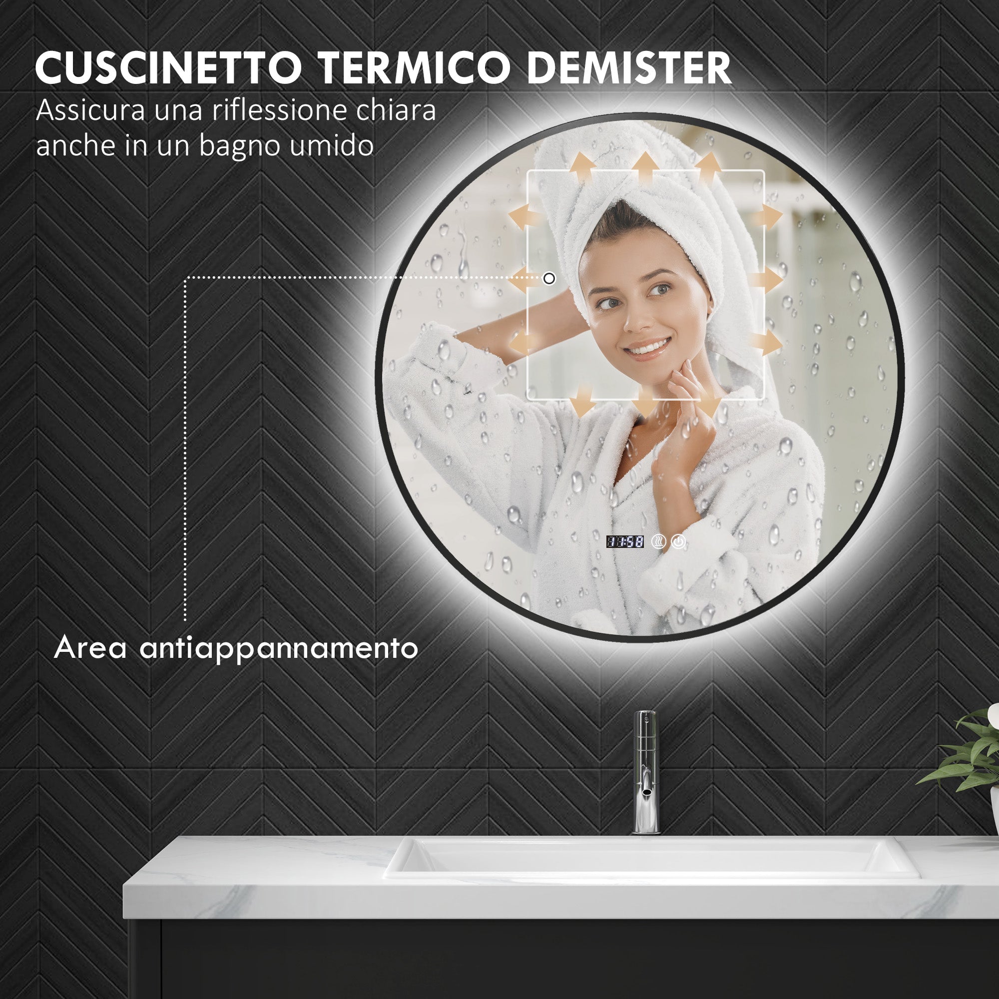 Bathroom Mirror with Adjustable LED Light, Anti-fog and Time and Temperature Display, Ø70 cm, Black