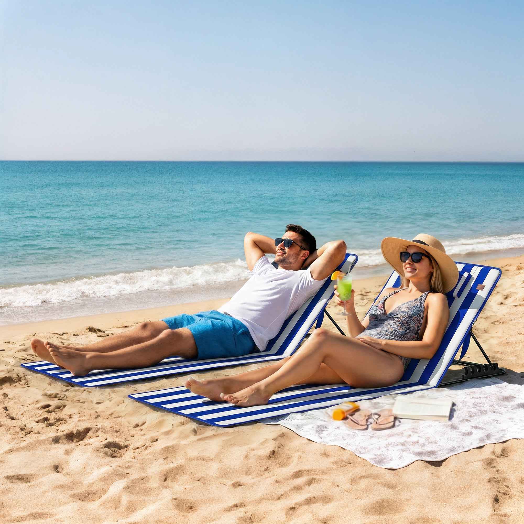 Outsunny Set of 2 Beach Mattresses with 4-Level Adjustable Backrest, in Steel and Polyester, 154x57x52 cm, Blue and White