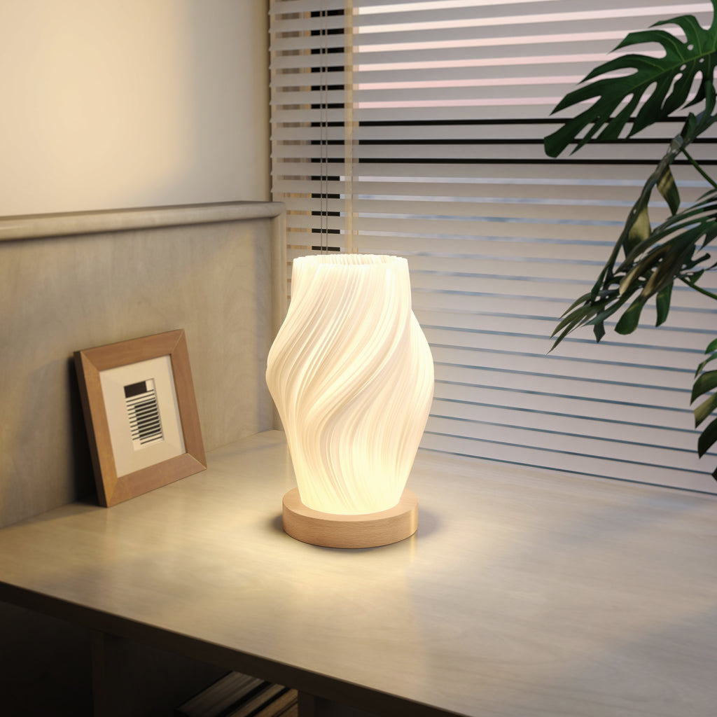 3-Color Wavy Table Lamp with USB Port, ABS and Rubber, Ø12x20 cm, White and Wood Color