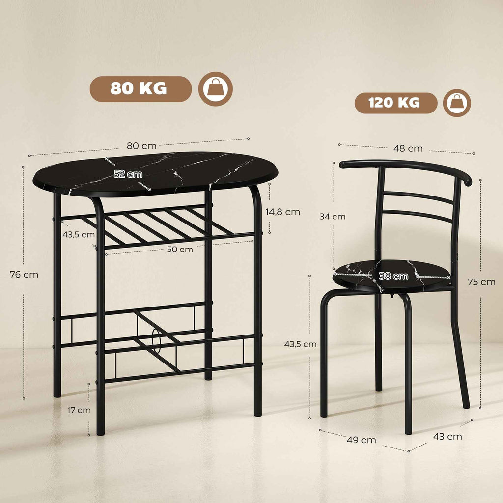 HOMCOM Modern Dining Table and 2 Chairs Set, 3-Piece Space-Saving Furniture for Kitchen, Balcony, Restaurant or Bar, Brown and Black