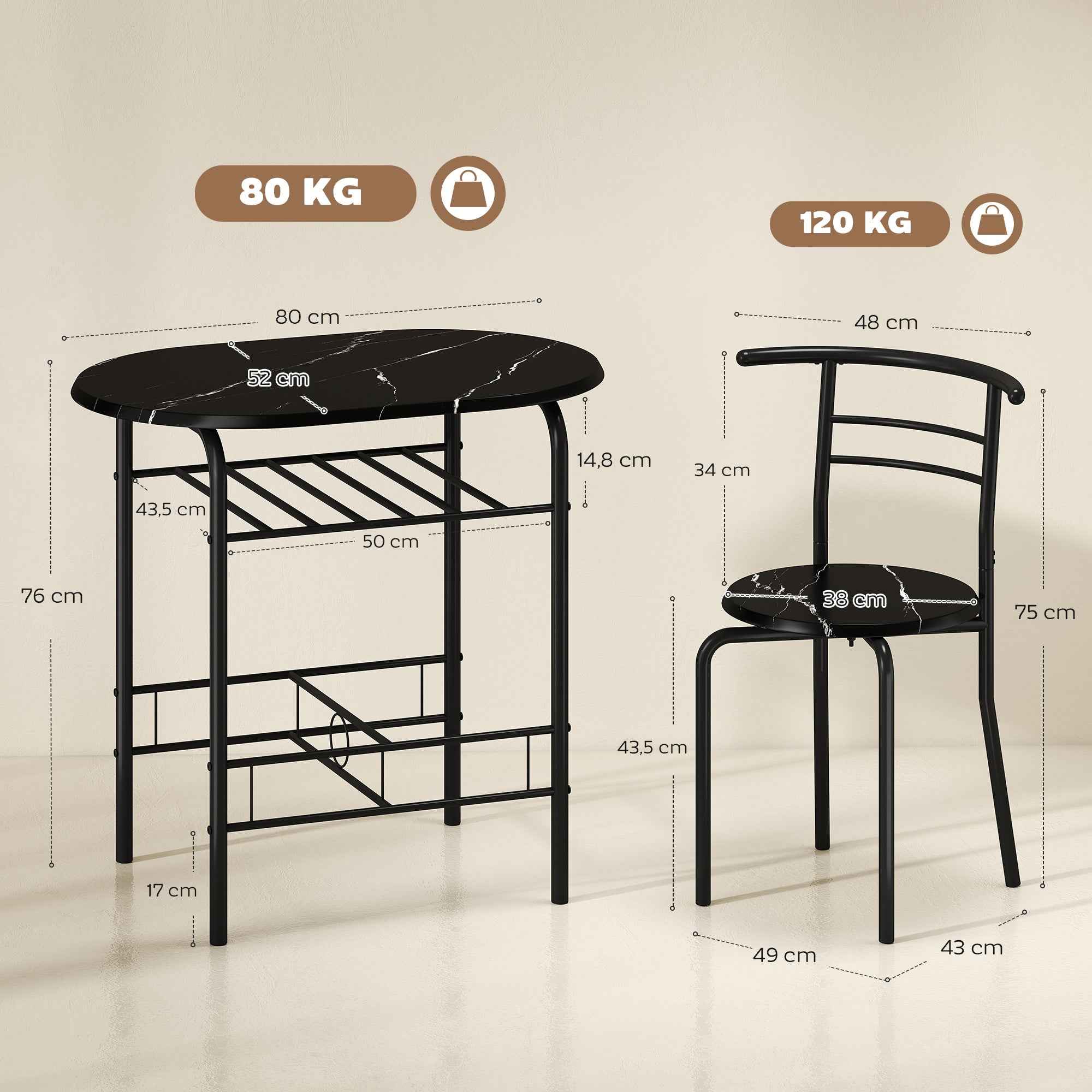 HOMCOM Modern Dining Table and 2 Chairs Set, 3-Piece Space-Saving Furniture for Kitchen, Balcony, Restaurant or Bar, Brown and Black