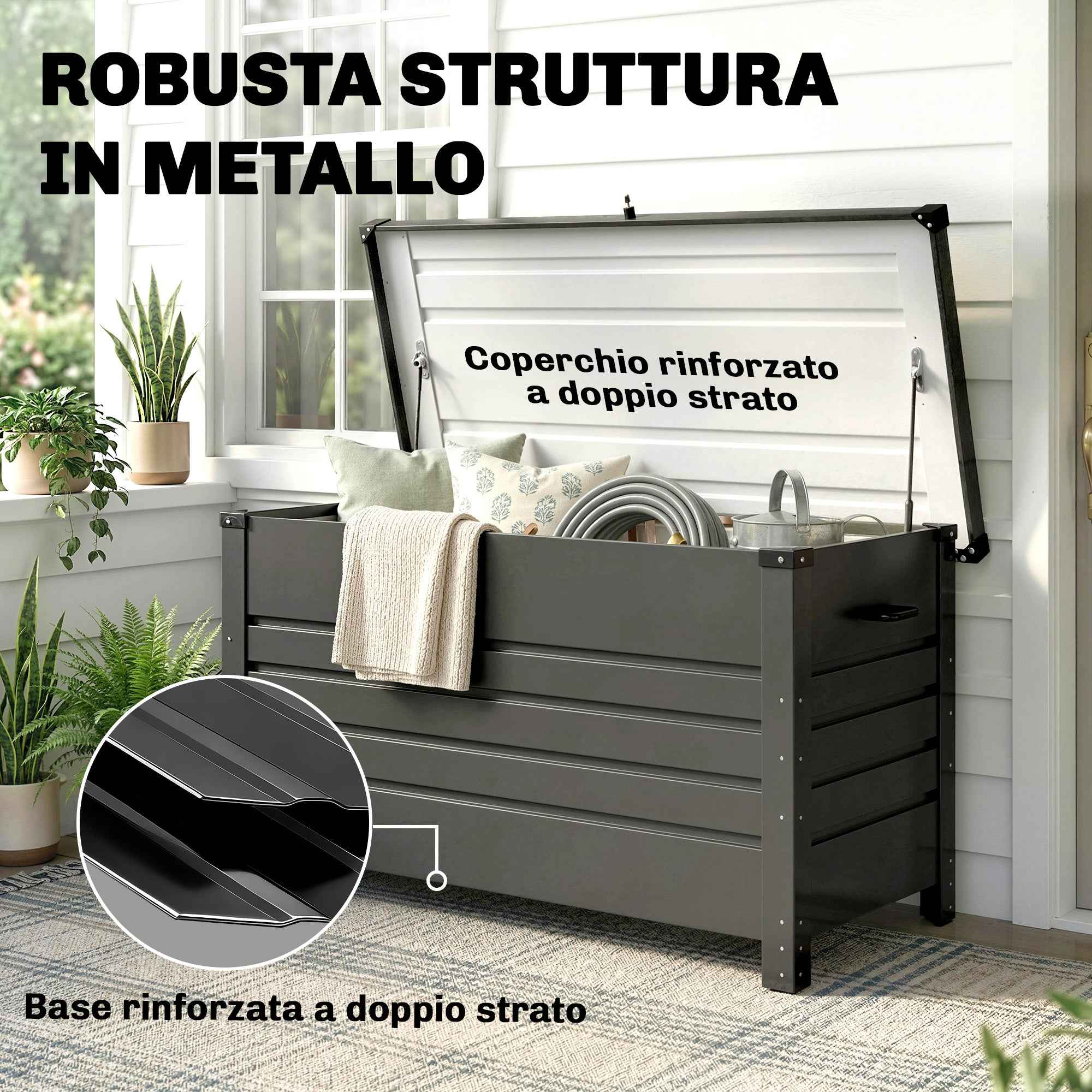 Outsunny 350L Metal Storage Box with Lockable Lid, Wheels, Side Handles, Grey