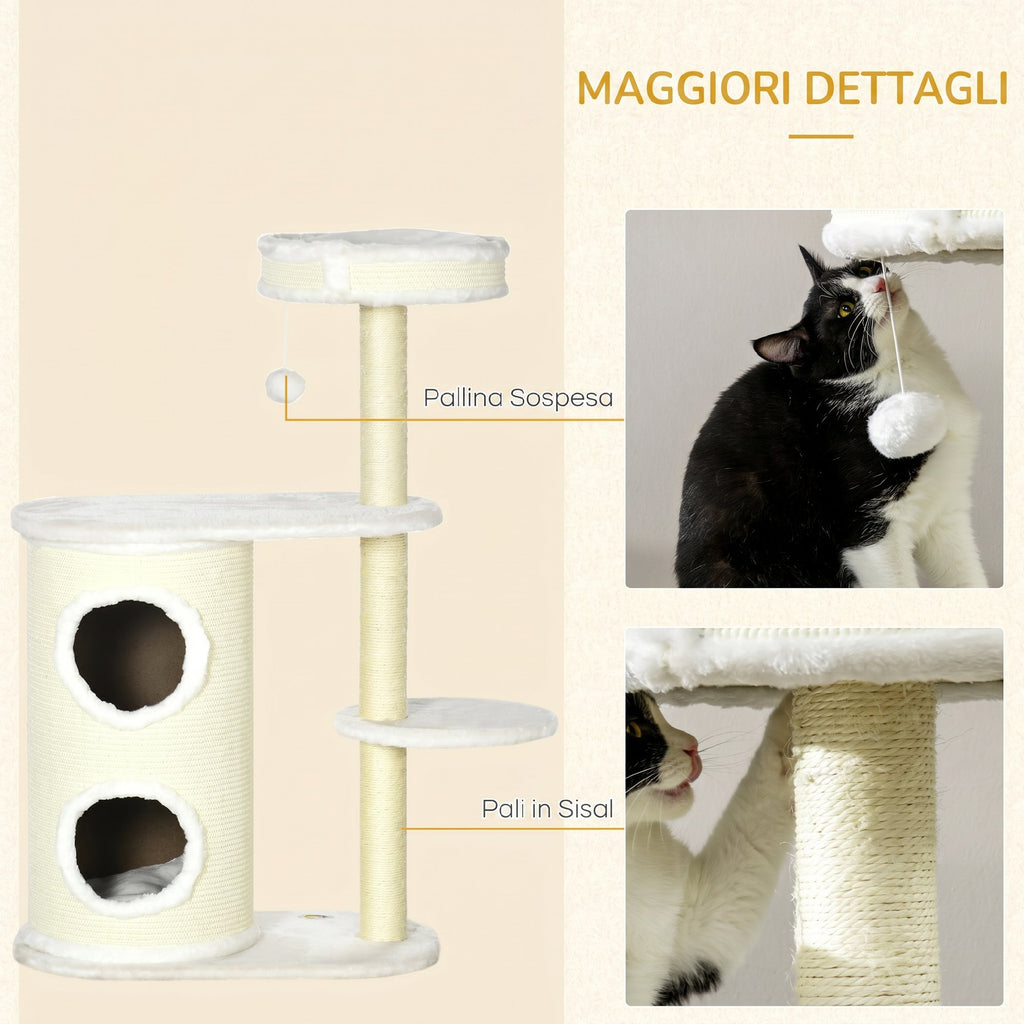 PawHut 100cm Cat Tree with Sisal Scratching Post, Basket and 2-Tier House, Cream