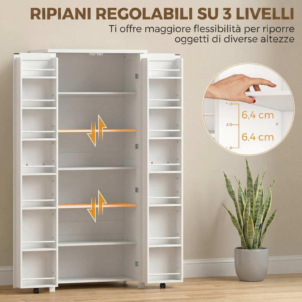 HOMCOM Tall Kitchen Cabinet with Wheels, 2 Doors, 14 Compartments, 80x40x180 cm, White