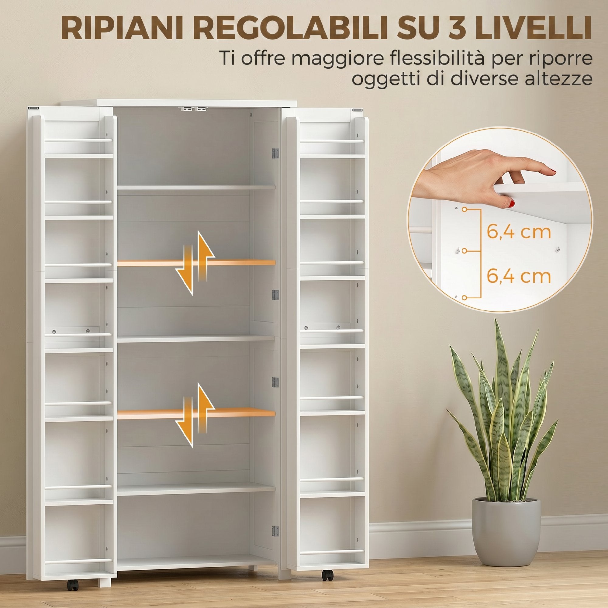 HOMCOM Tall Kitchen Cabinet with Wheels, 2 Doors, 14 Compartments, 80x40x180 cm, White