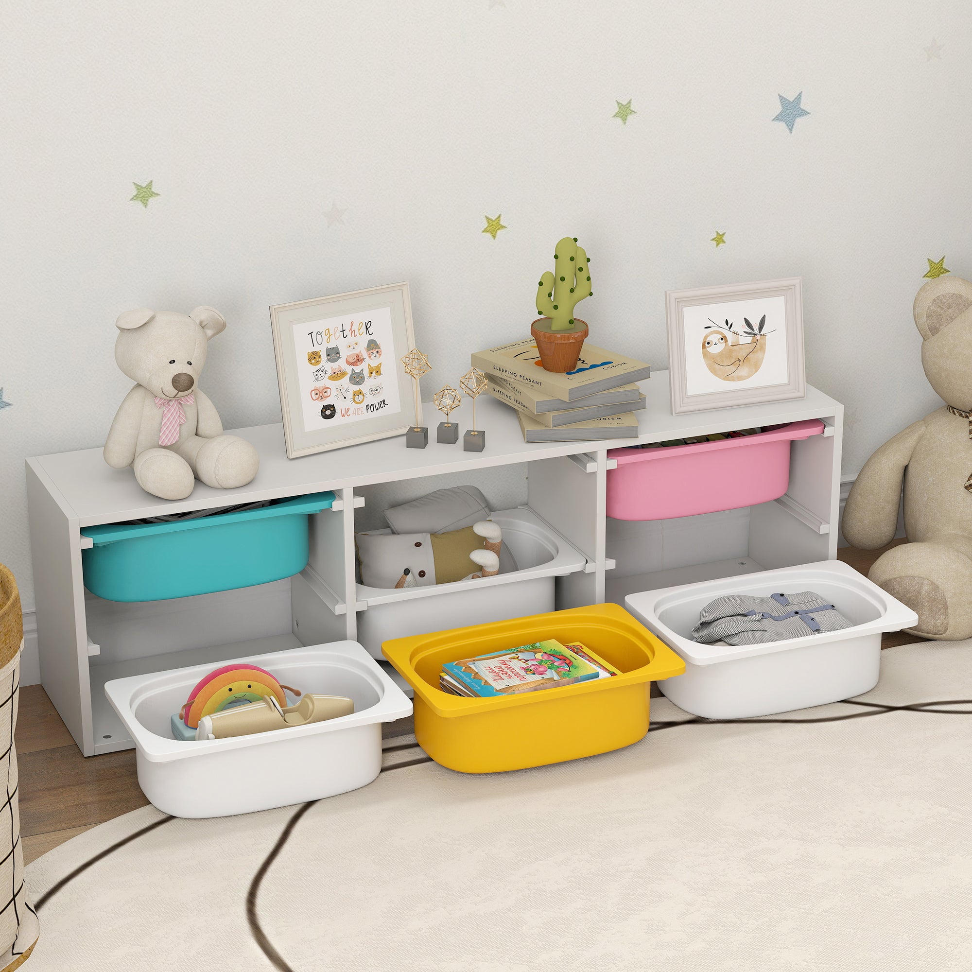 AIYAPLAY Children's Wooden Toy Storage Shelf with 6 Removable Plastic Bins, Multicolor