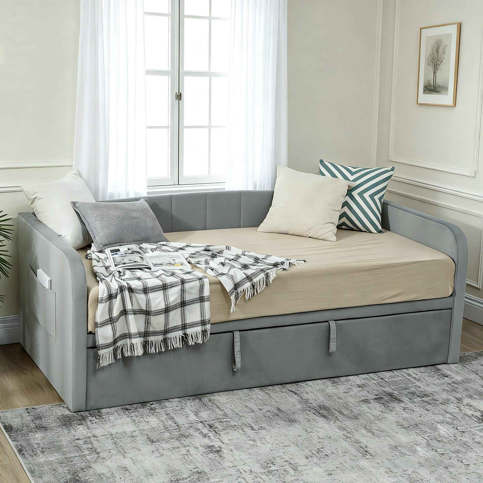 HOMCOM 3-Seater Sofa Bed with Pull-Out Cot, Convertible to a Double Bed, 205 x 186 x 75 cm, Light Grey