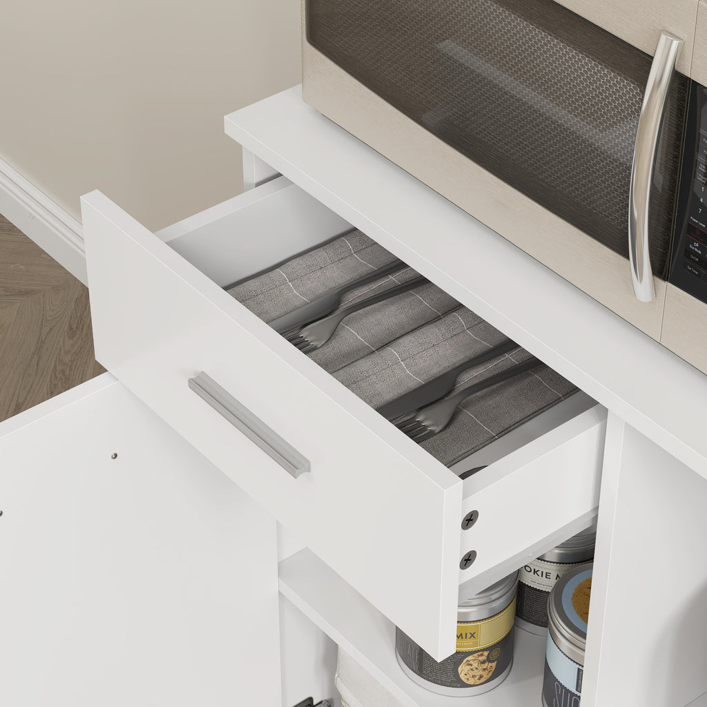 Wooden Pantry Cabinet with Drawer, 4 Cabinets and 3 Open Shelves, 80x35x180 cm, White
