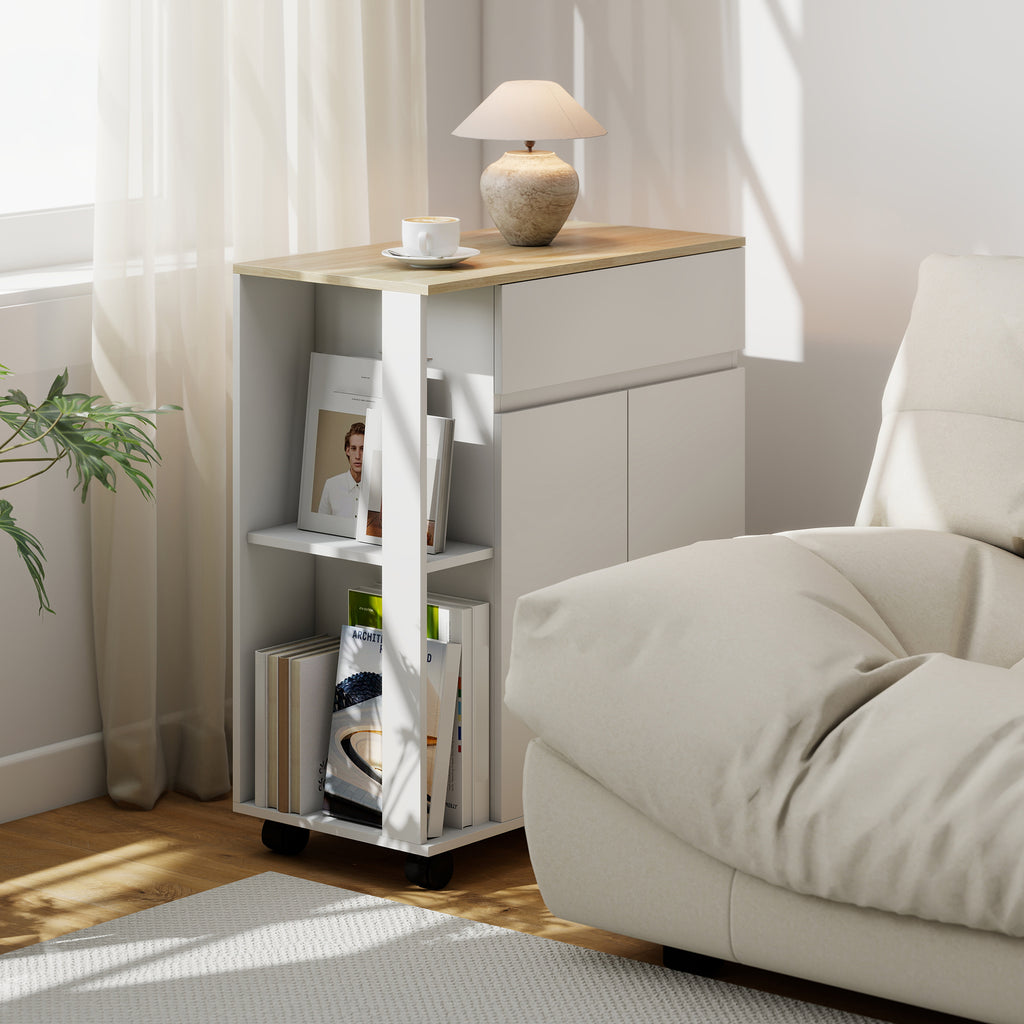 Kitchen Trolley with Drawer, Cabinet and 2 Side Shelves, Wooden, 78x39.5x88.5 cm, White and Oak