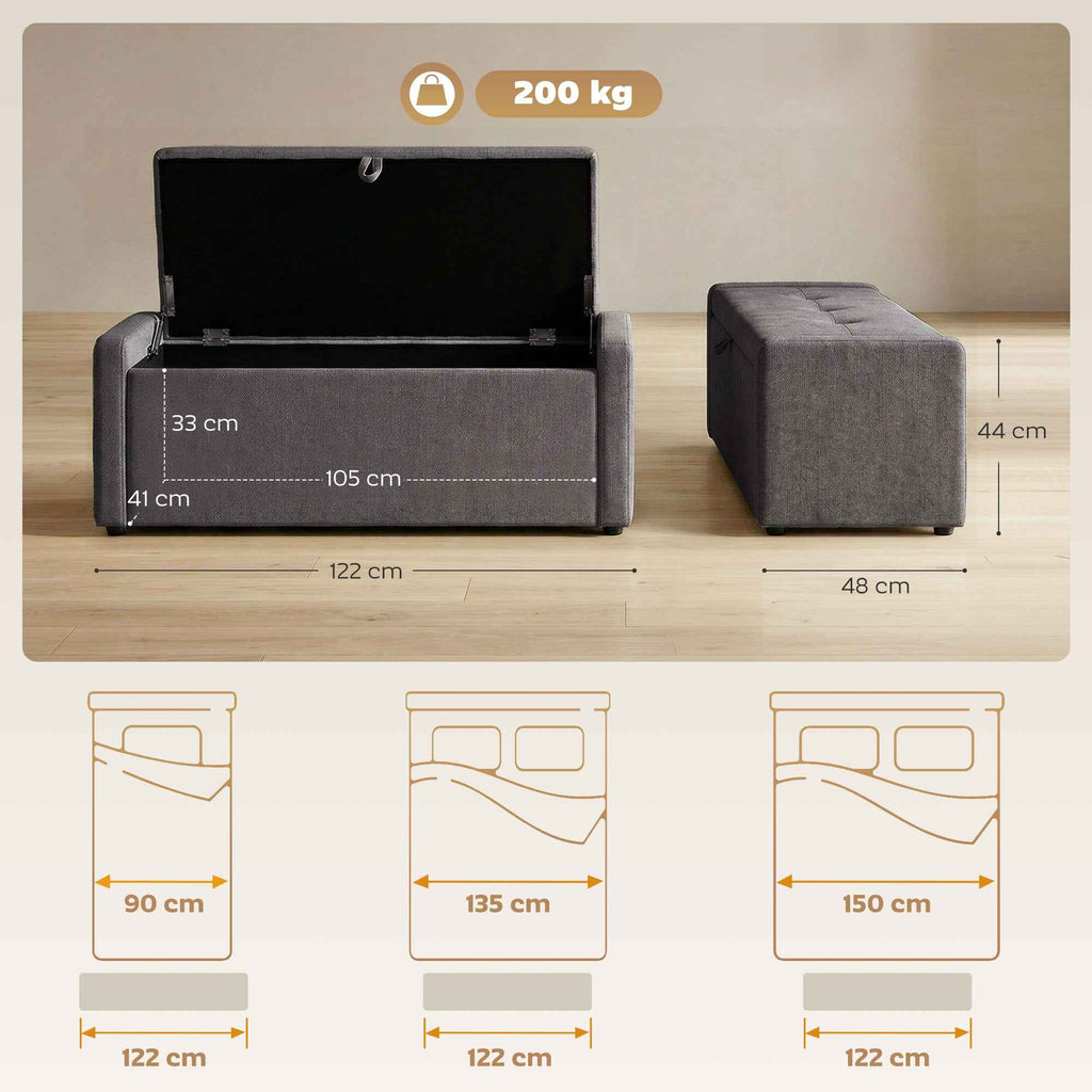 HOMCOM 142L Storage Ottoman, Wide Padded Seat, Linen, 200 kg Capacity, Dark Grey