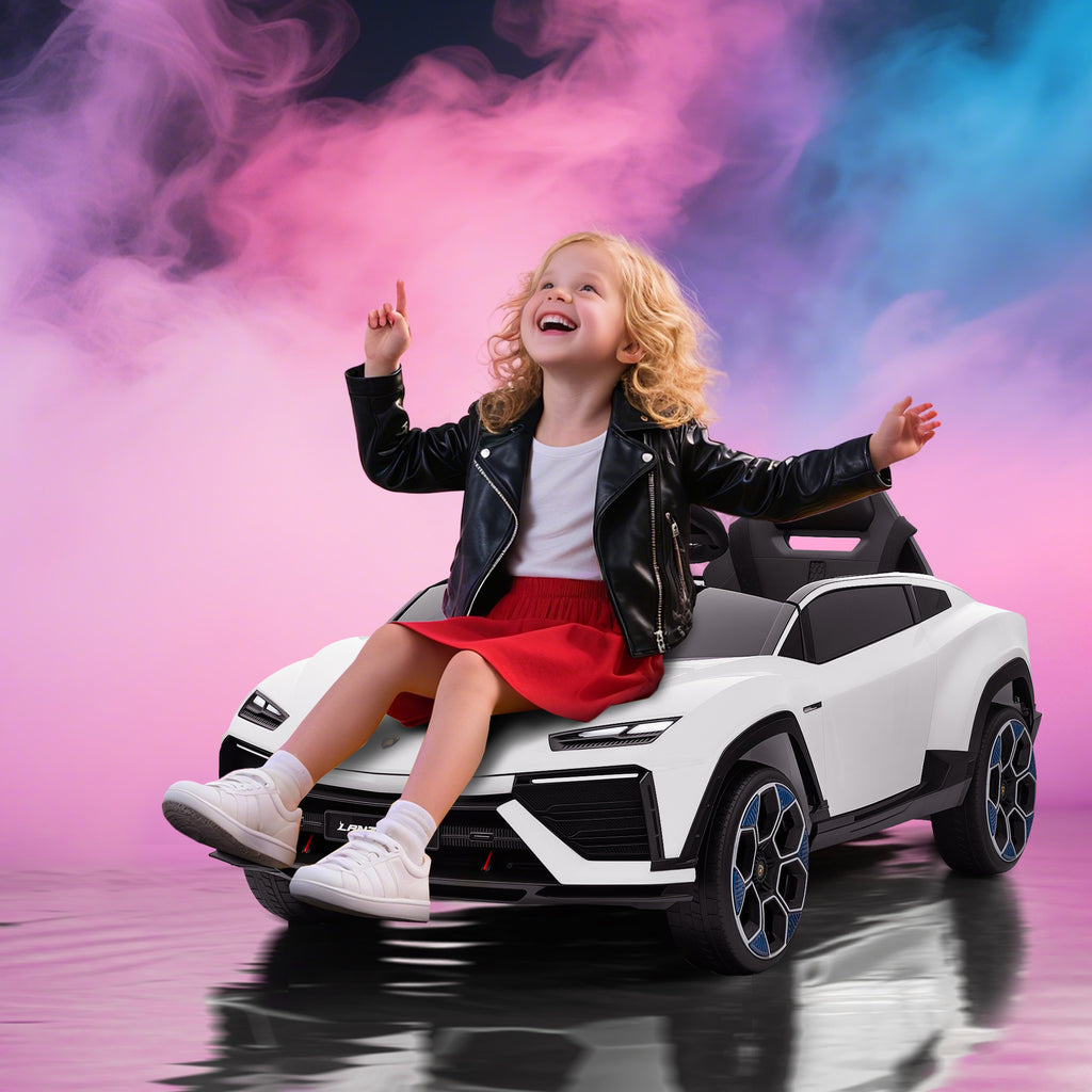 Lamborghini Licensed Electric Ride-On Car for Kids with Horn and Remote Control, 3-Speed Adjustable, White
