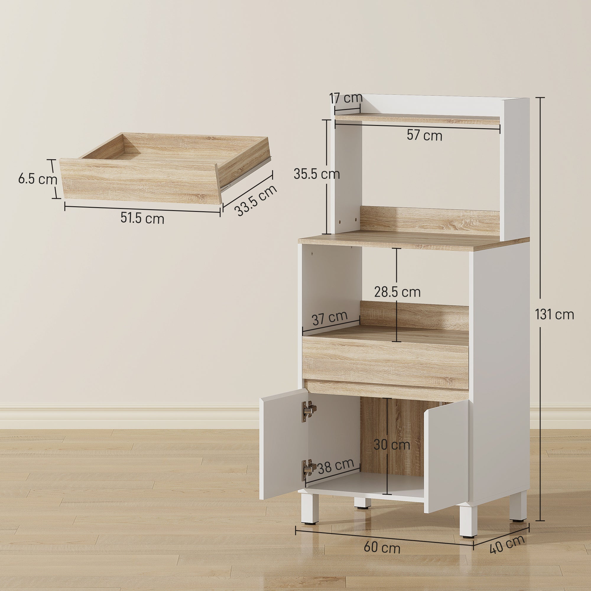 Wooden Microwave Cabinet with Shelf, Open Shelf, Drawer and Cabinet, 60x40x131 cm, White