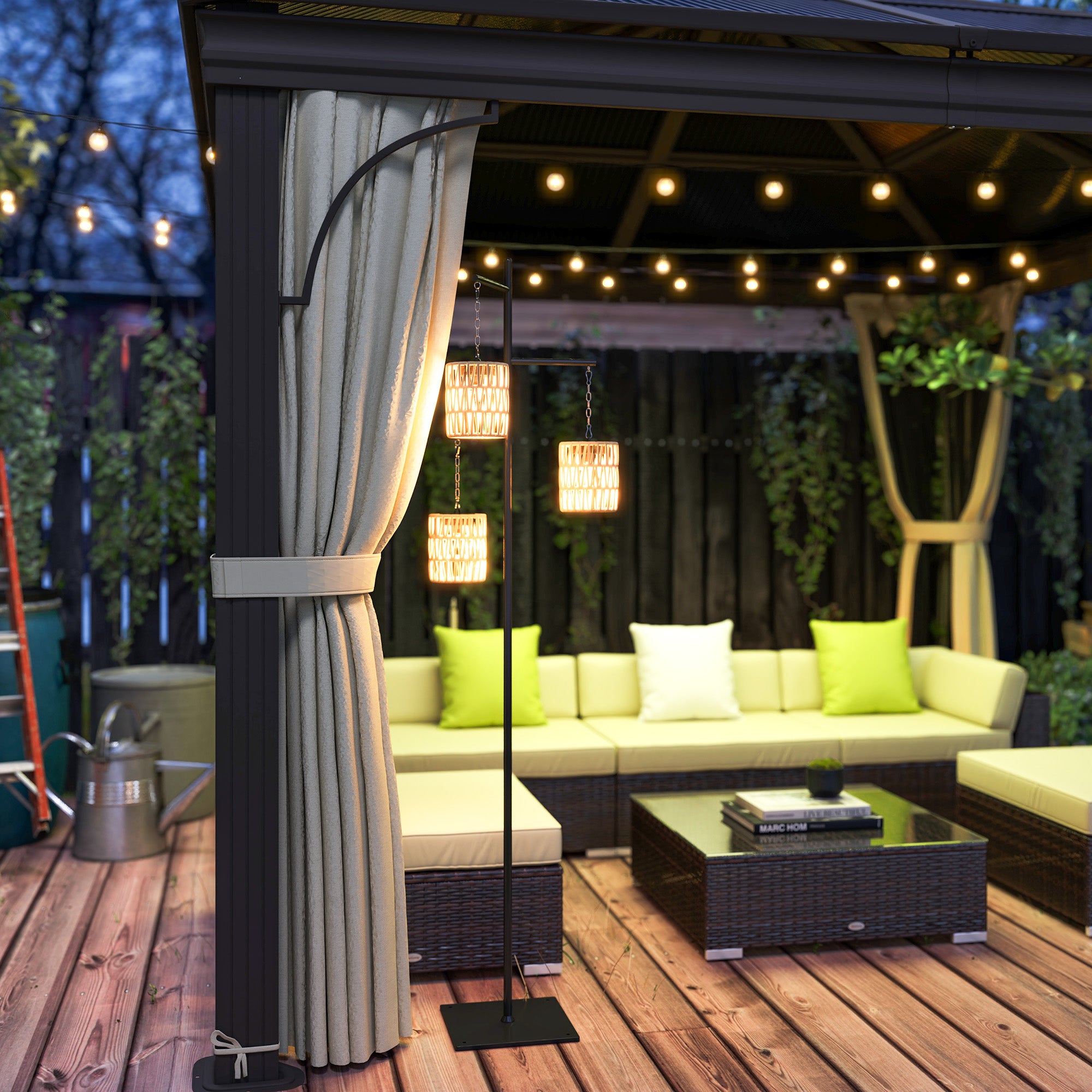 Boho Style Solar Outdoor Lamp with Square Base, PE Rattan and Steel, 45x45x178 cm, Black and Yellow